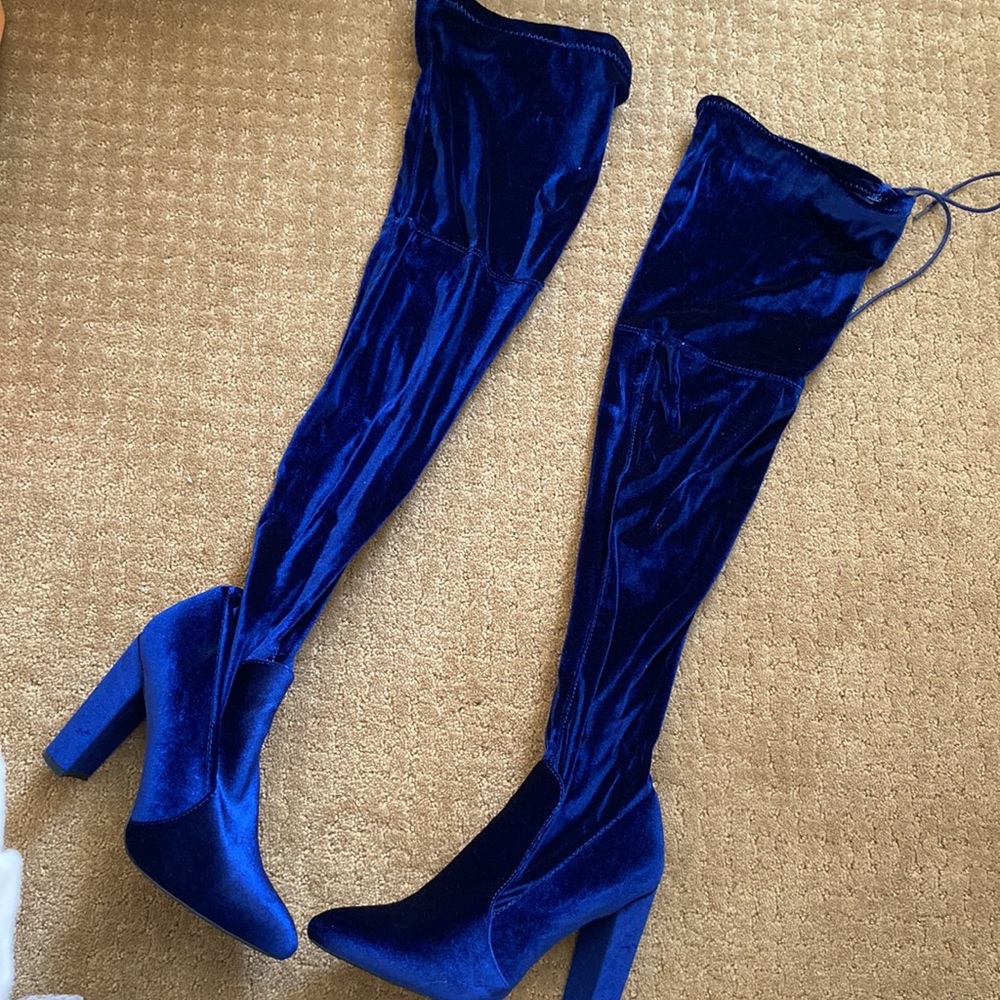 Navy Blue Velvet knee high boots